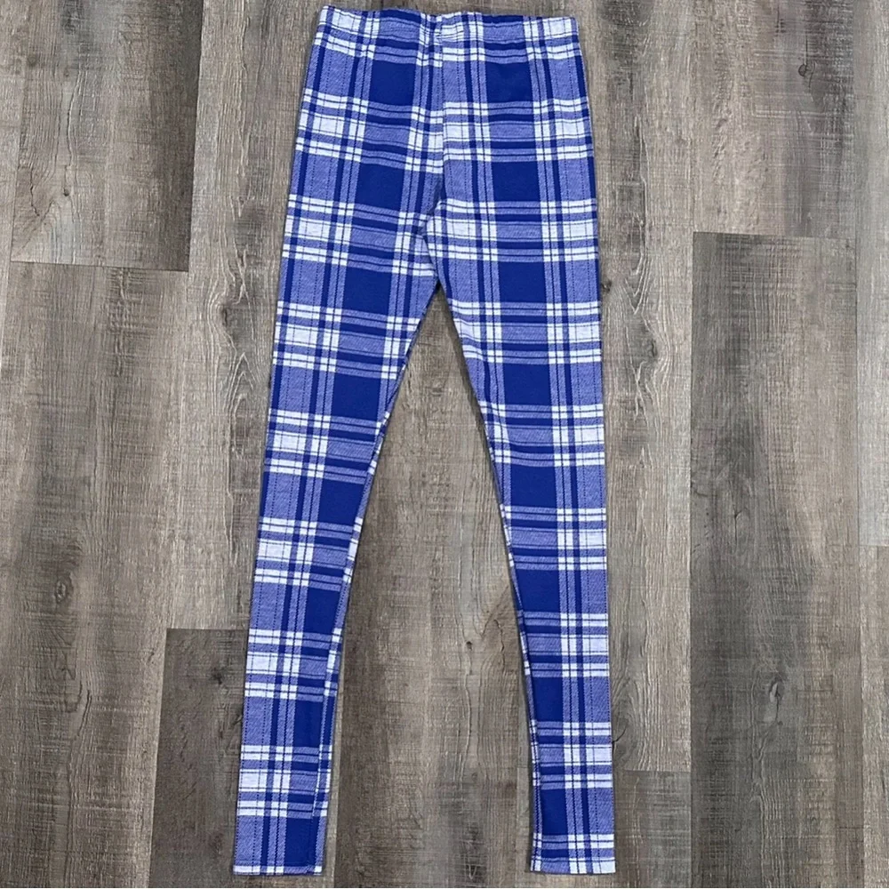 💞 Kids Medium Double Knit Blue Plaid Leggings